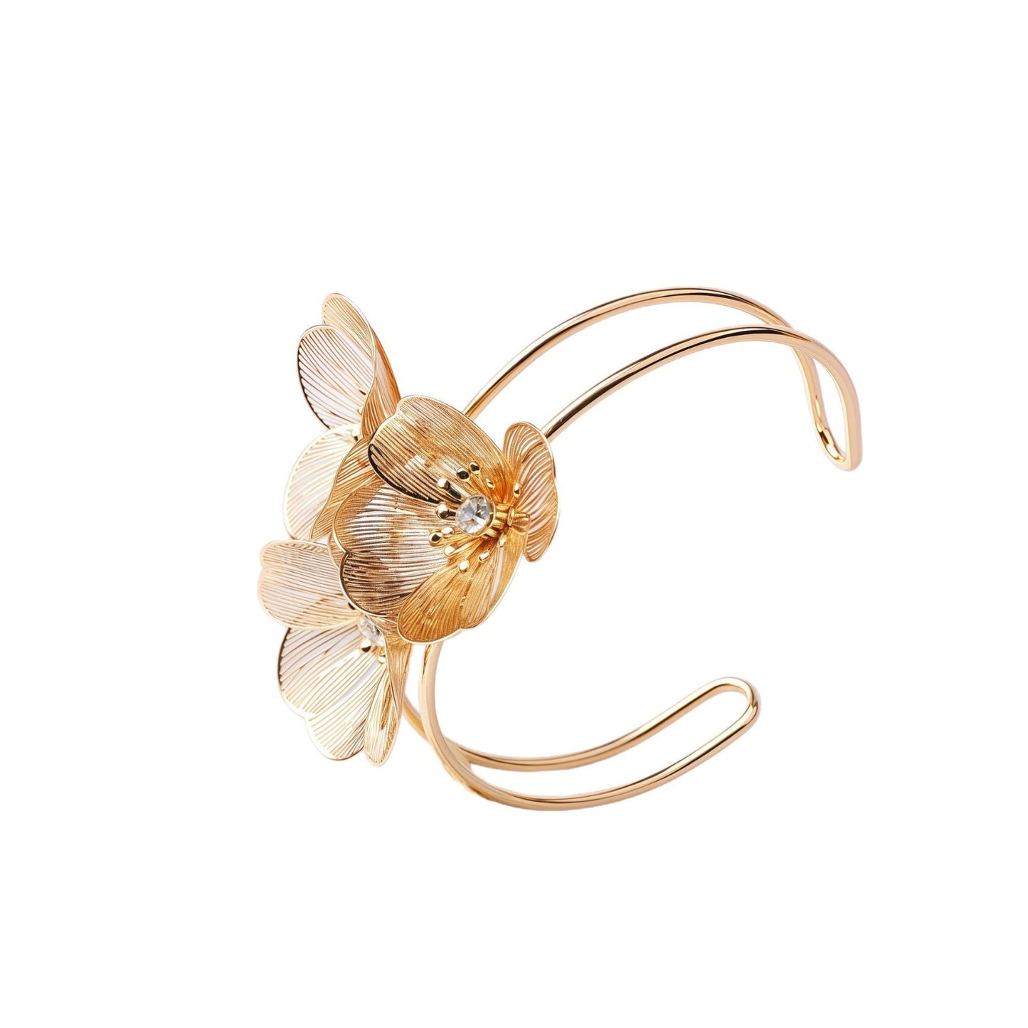 Textured Gold Floral Cuff | Statement Crystal Bracelet