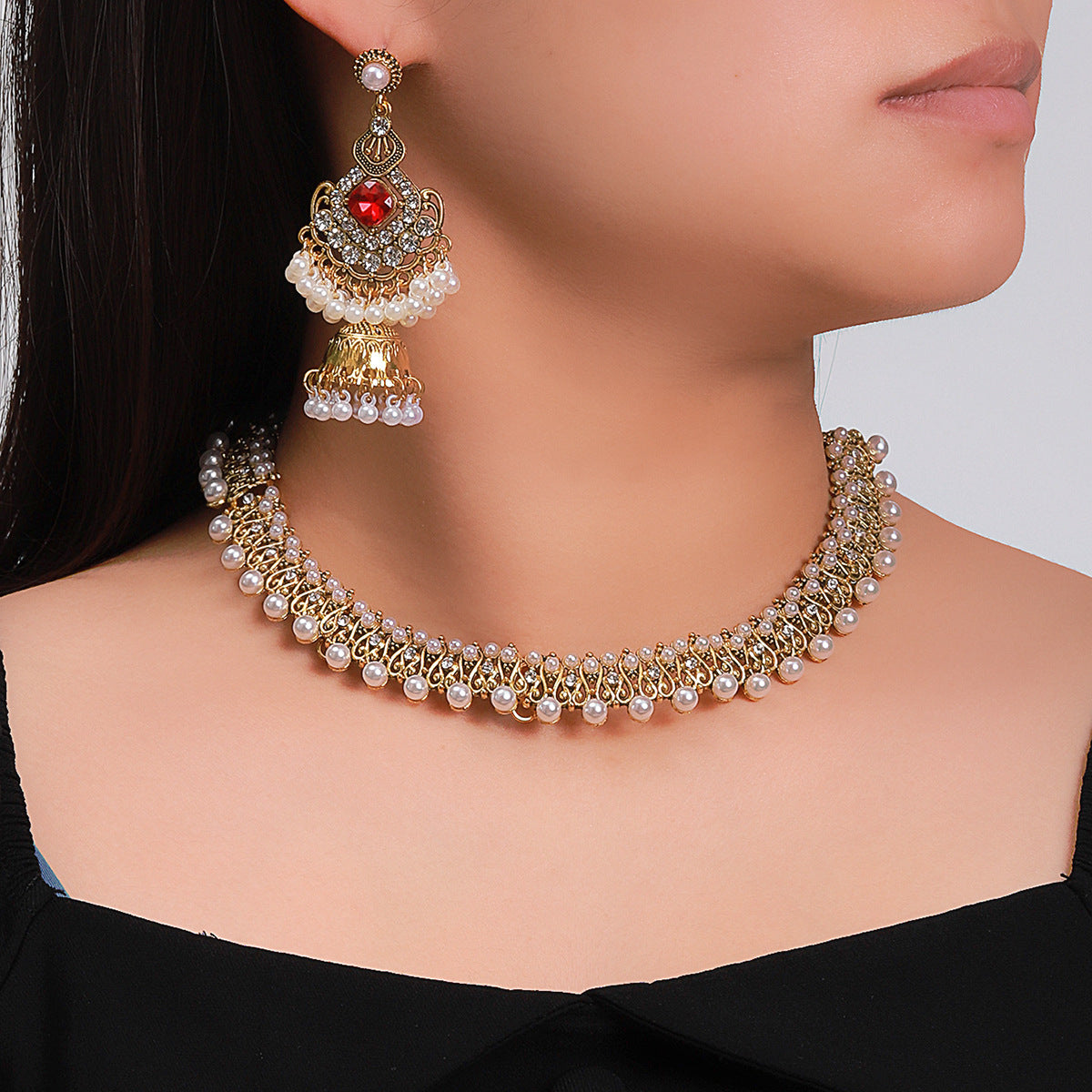 Indian Gold-Tone Pearl & Ruby Green Stone Jhumka & Choker Set