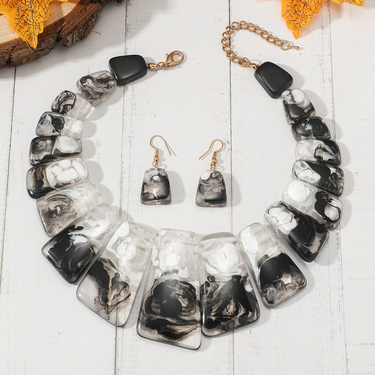 Amber Resin Tortoiseshell Statement Necklace & Earring Set