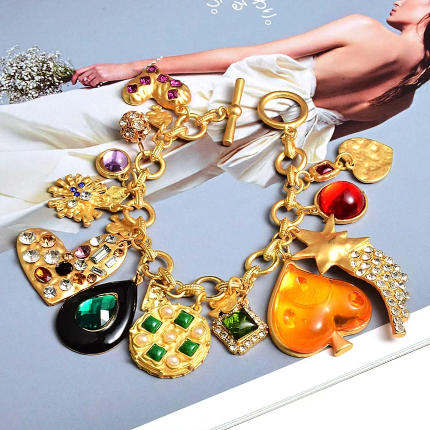 Chunky Gold Charm Bracelet with Emerald, Pavé Crystal & Pearl Charms