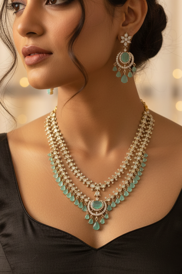 Exquisite Mint Green Stone & CZ Layered Necklace Set with Earrings
