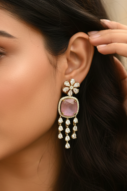 Elegant Pink Stone & Zirconia Choker Necklace Earring Set