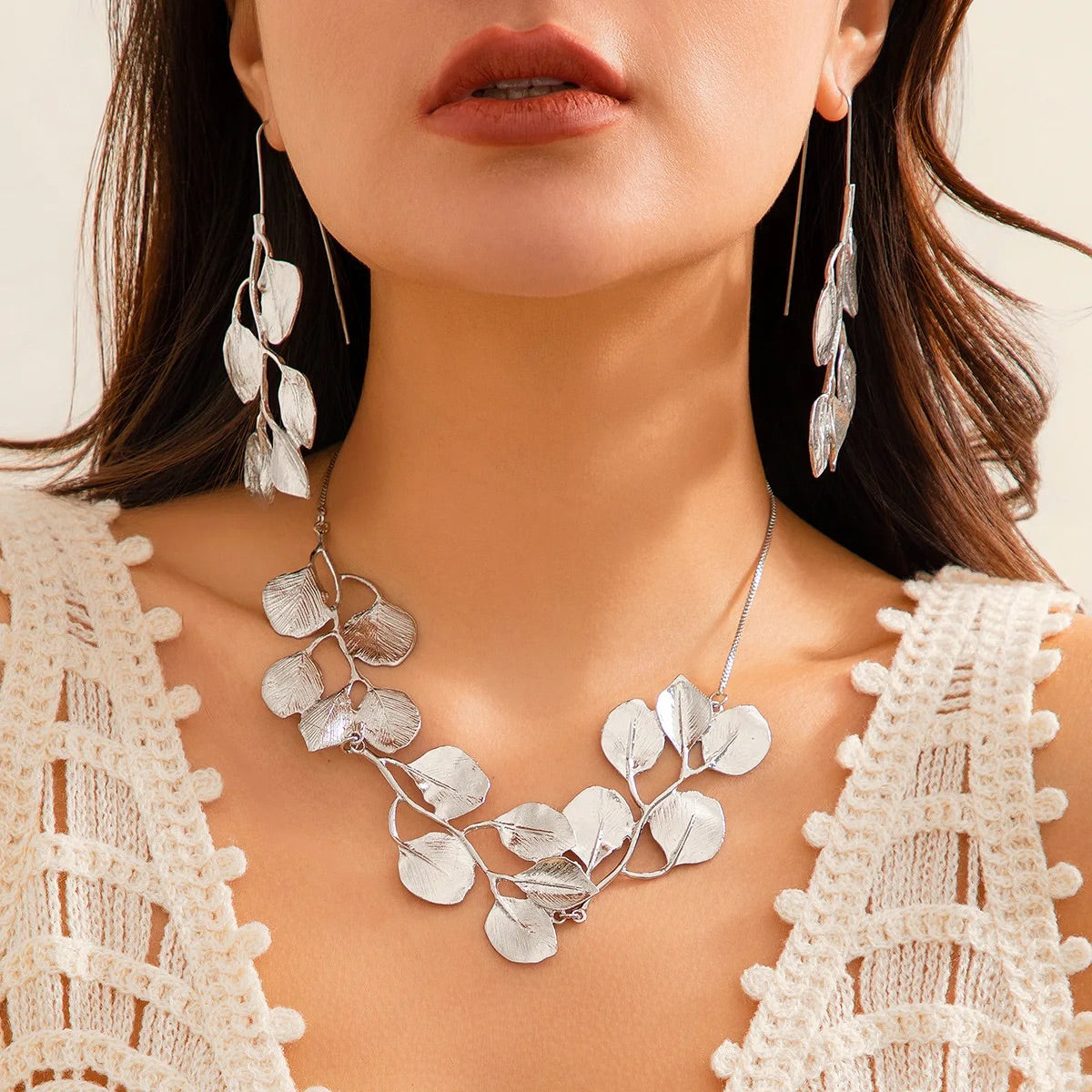 Anti turnished Leaf tassel Earrings and Choker Necklaces Set for Women Trendy gold silver plated leaf metal jewelry necklace for women