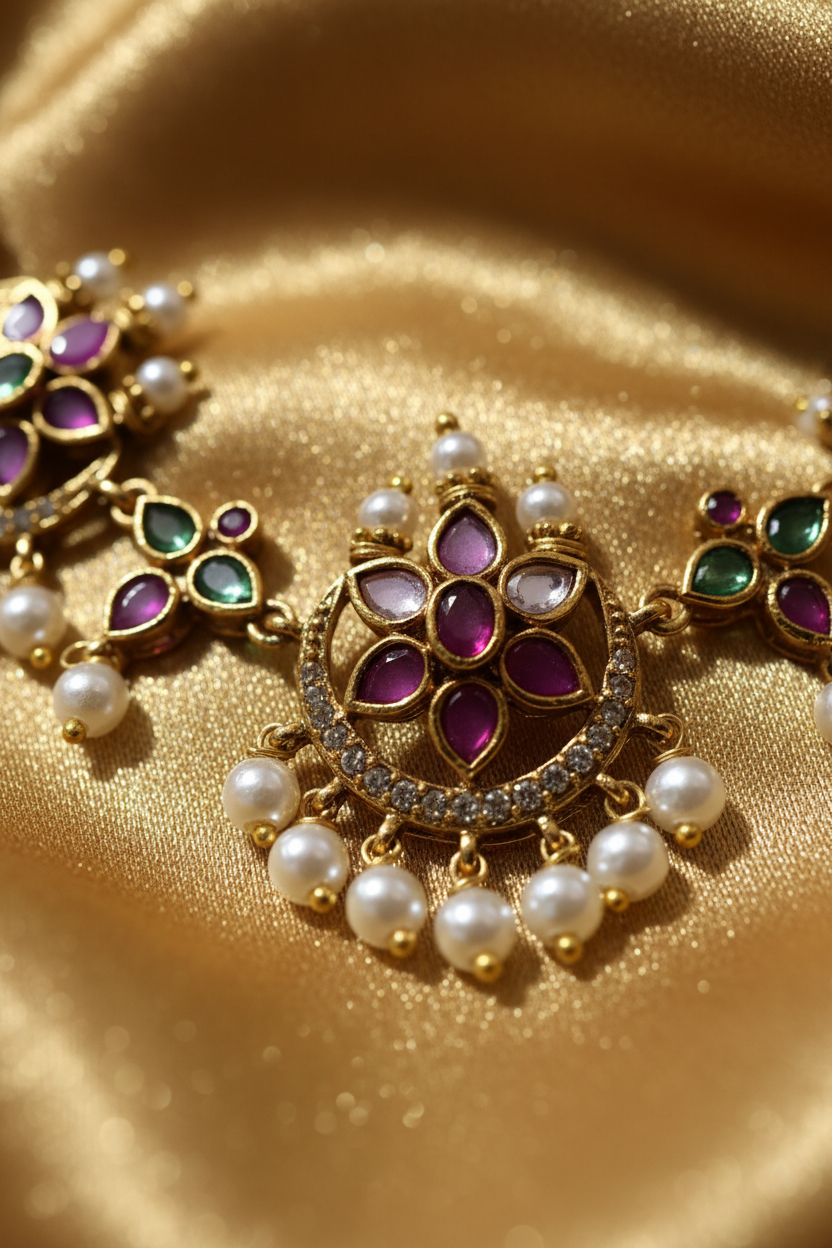 An ornate gold-toned jewelry set displayed on a white fabric bust, featuring a necklace and matching earrings with floral motifs, pearl-like beads, and red and green stone accents.