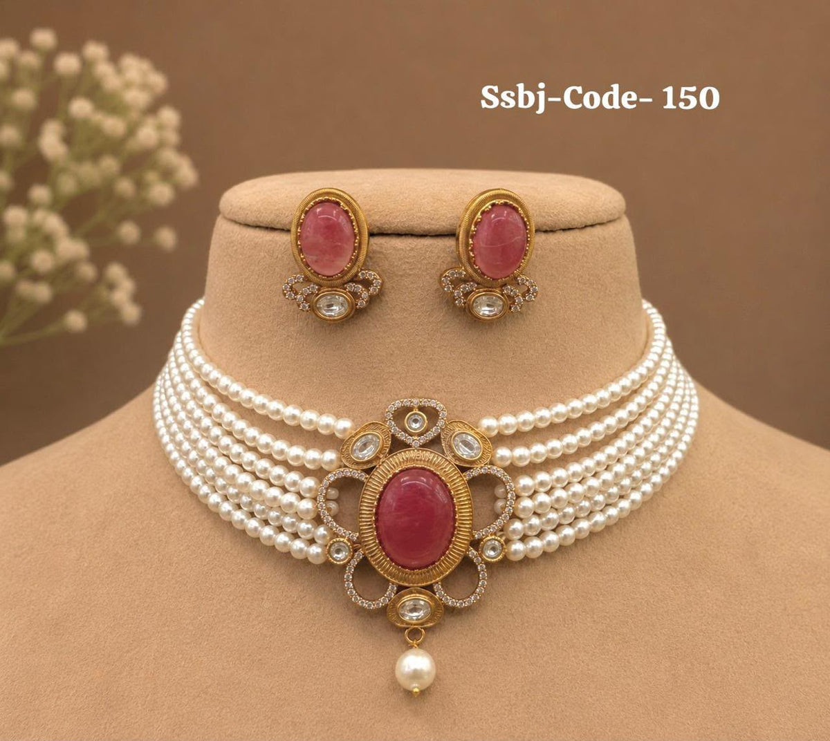 Exquisite Pearl Choker Necklace Set with Green Stone & Earrings