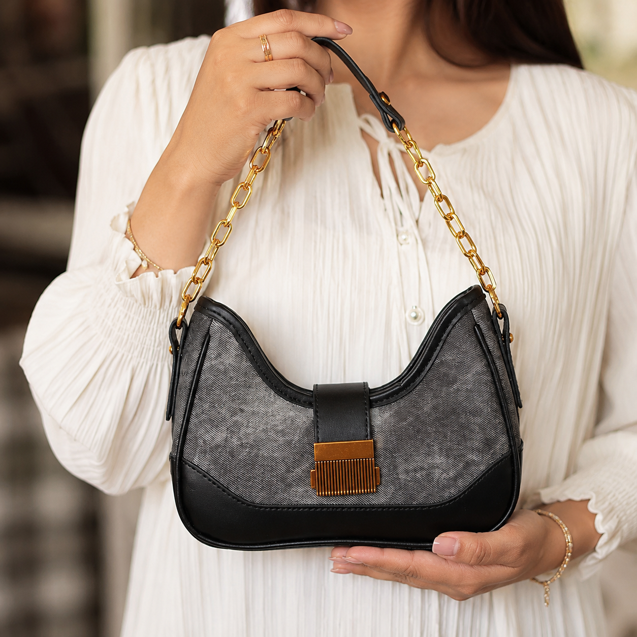 Chic Grey Denim & Black Leather Shoulder Bag with Gold Chain