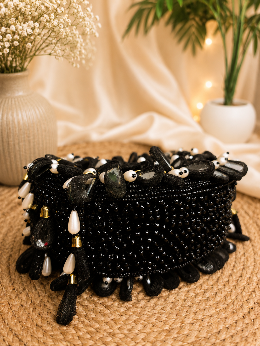 Mirrored tassel party wear hand bag