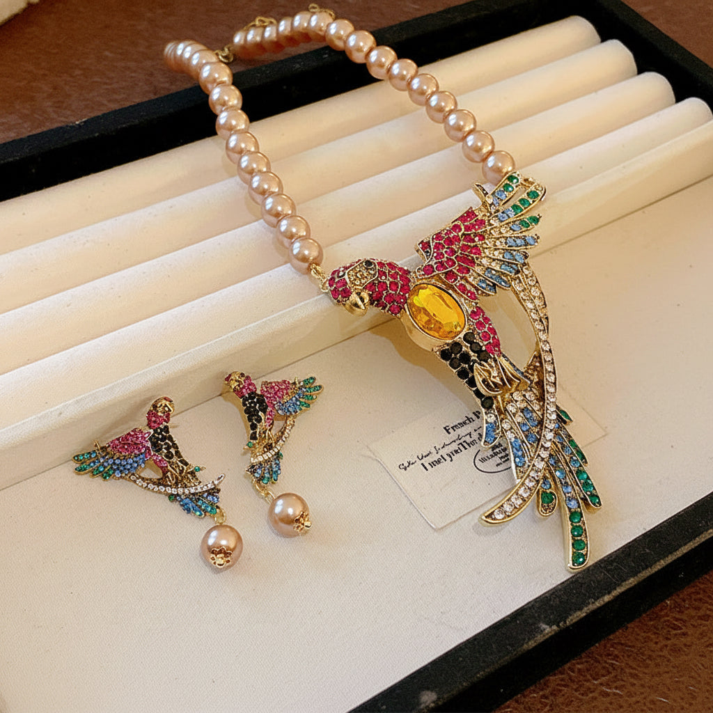 Vibrant Parrot Crystal & Pearl Statement Necklace with Earrings