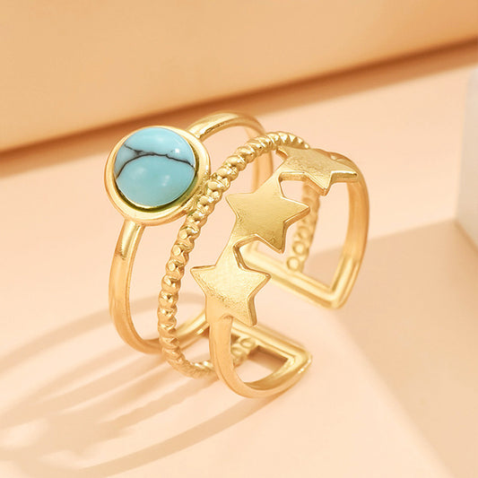 Adjustable Layered-Look Star Ring with Natural Stone | Multi-Band Gold-Tone