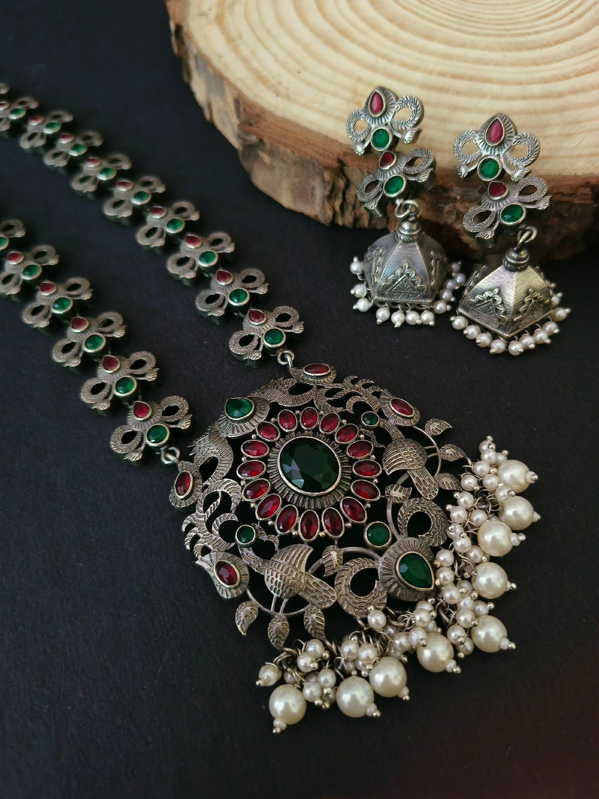 Ethnic Oxidized Silver-Tone Necklace & Jhumka Earrings Set
