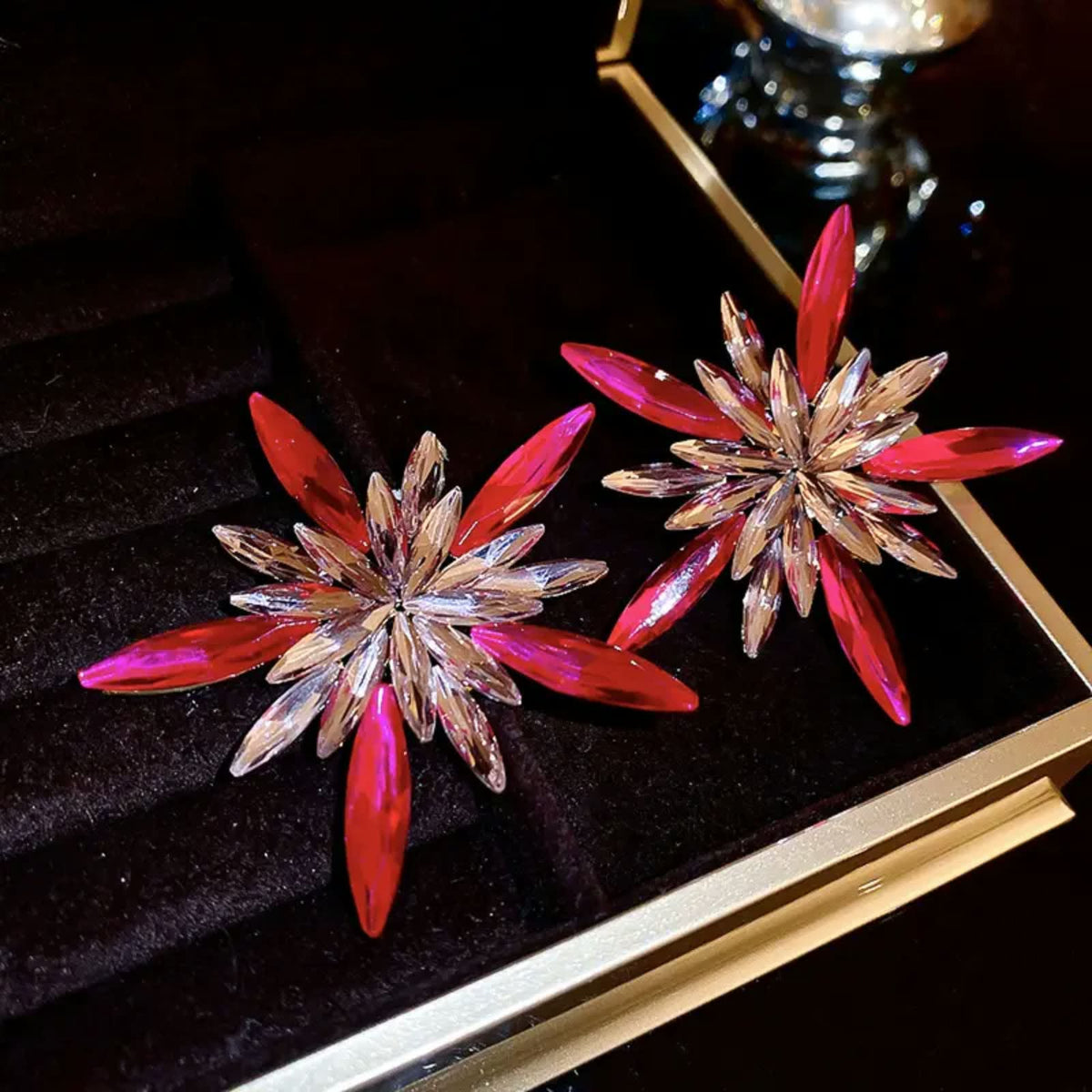 Sparkling Pink & Clear Crystal Starburst Statement Earrings