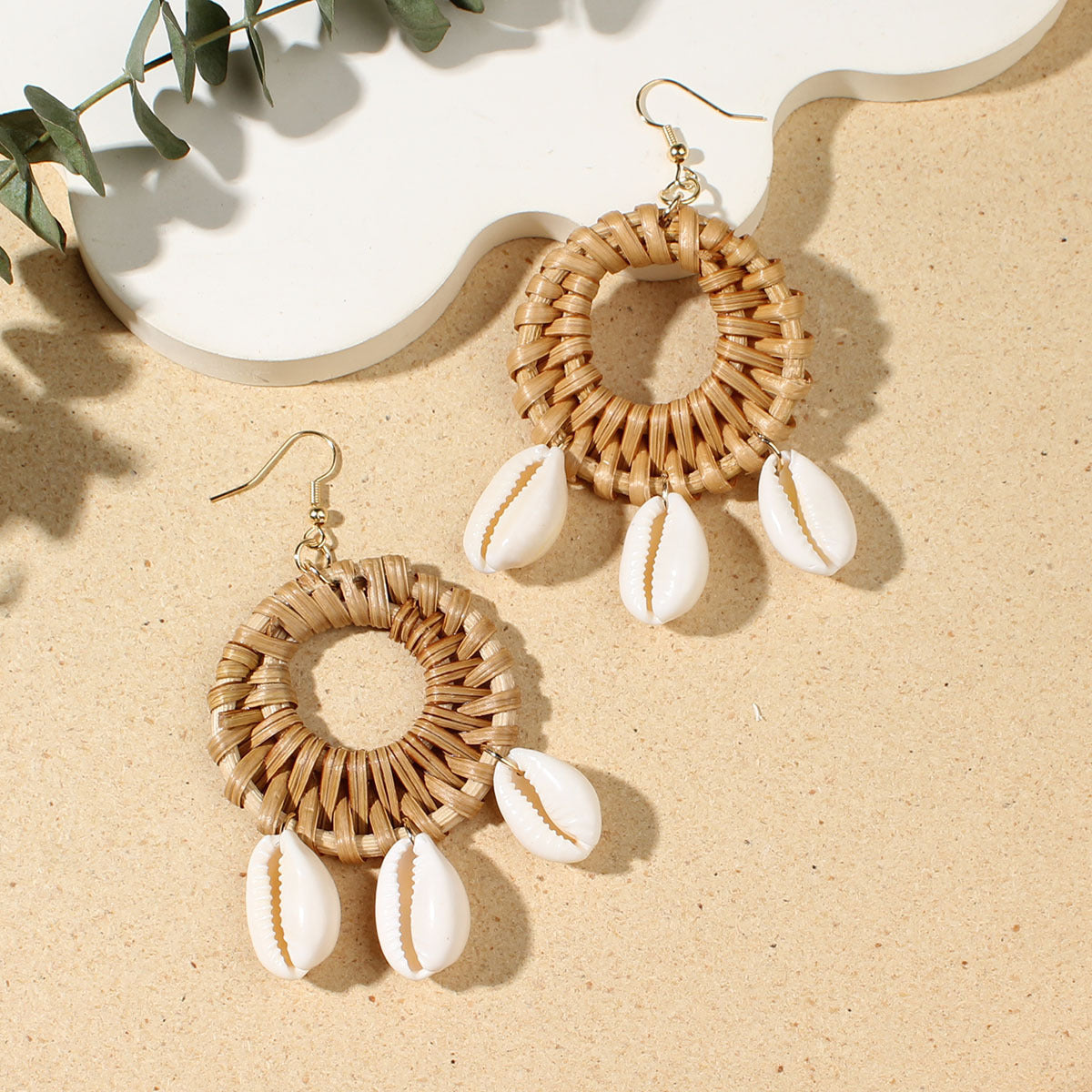 Boho Rattan & Cowrie Shell Dangle Earrings for Women