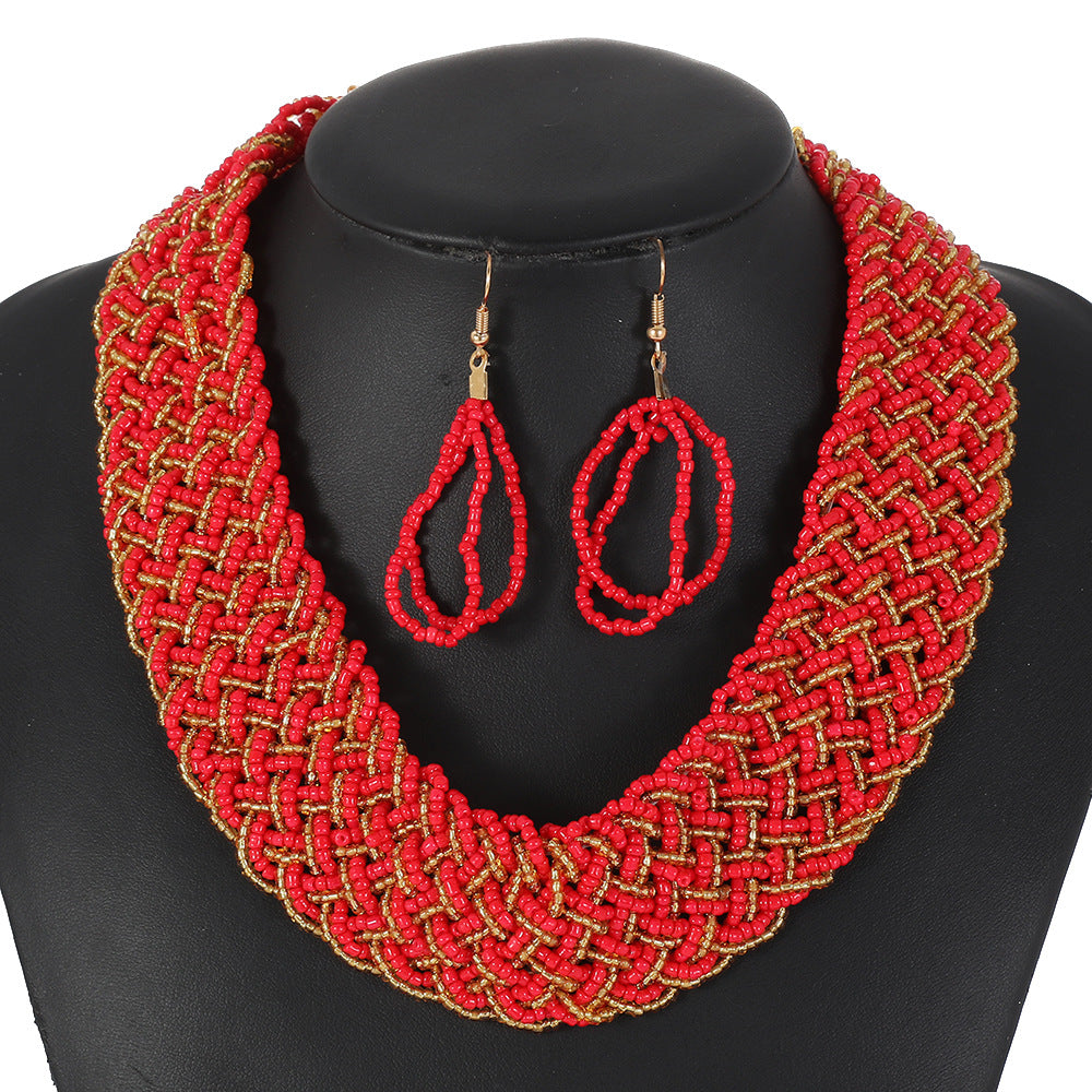 Red & Gold Beaded Statement Necklace & Earring Set