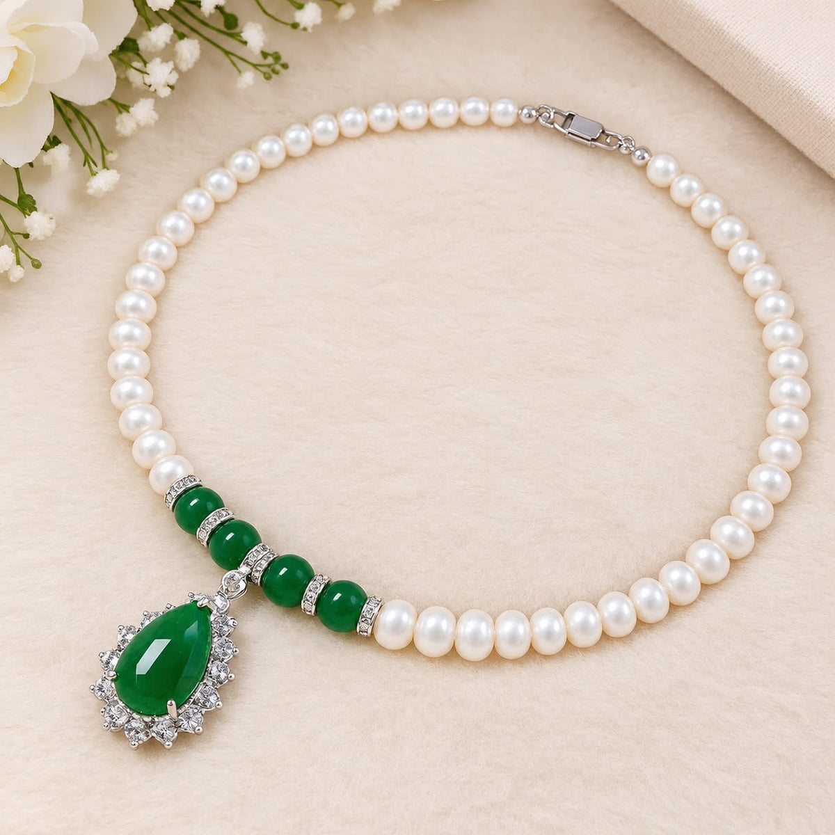 Lustrous Pearl & Jade Necklace with Dazzling CZ Pendant