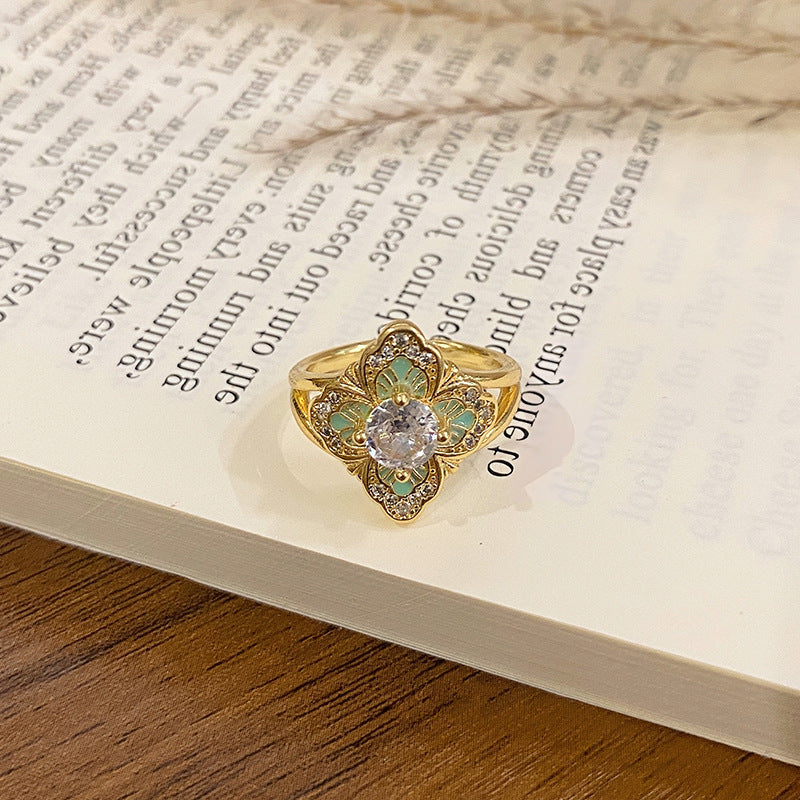 Elegant Gold Clover Ring with Zircon & Mint Enamel