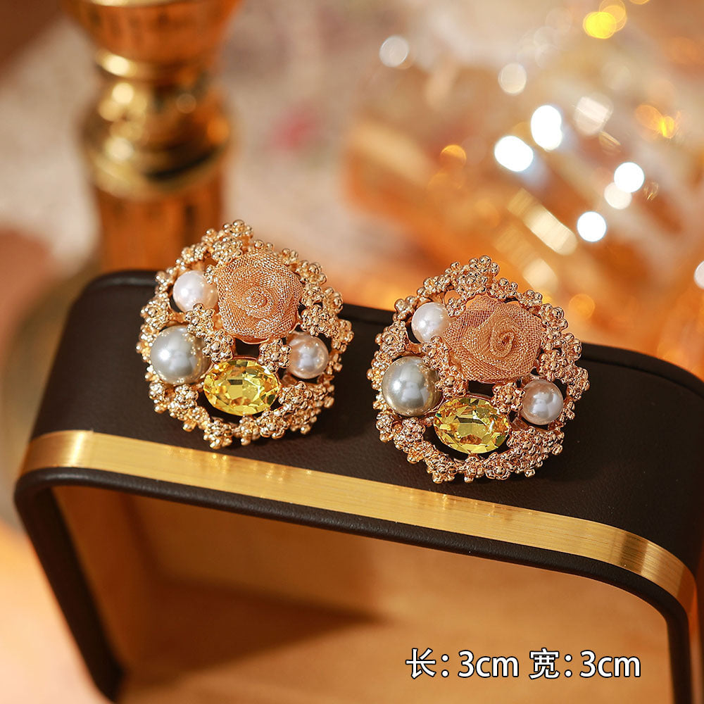 Vintage-Inspired Gold-Tone Pearl & Yellow Crystal Rose Studs