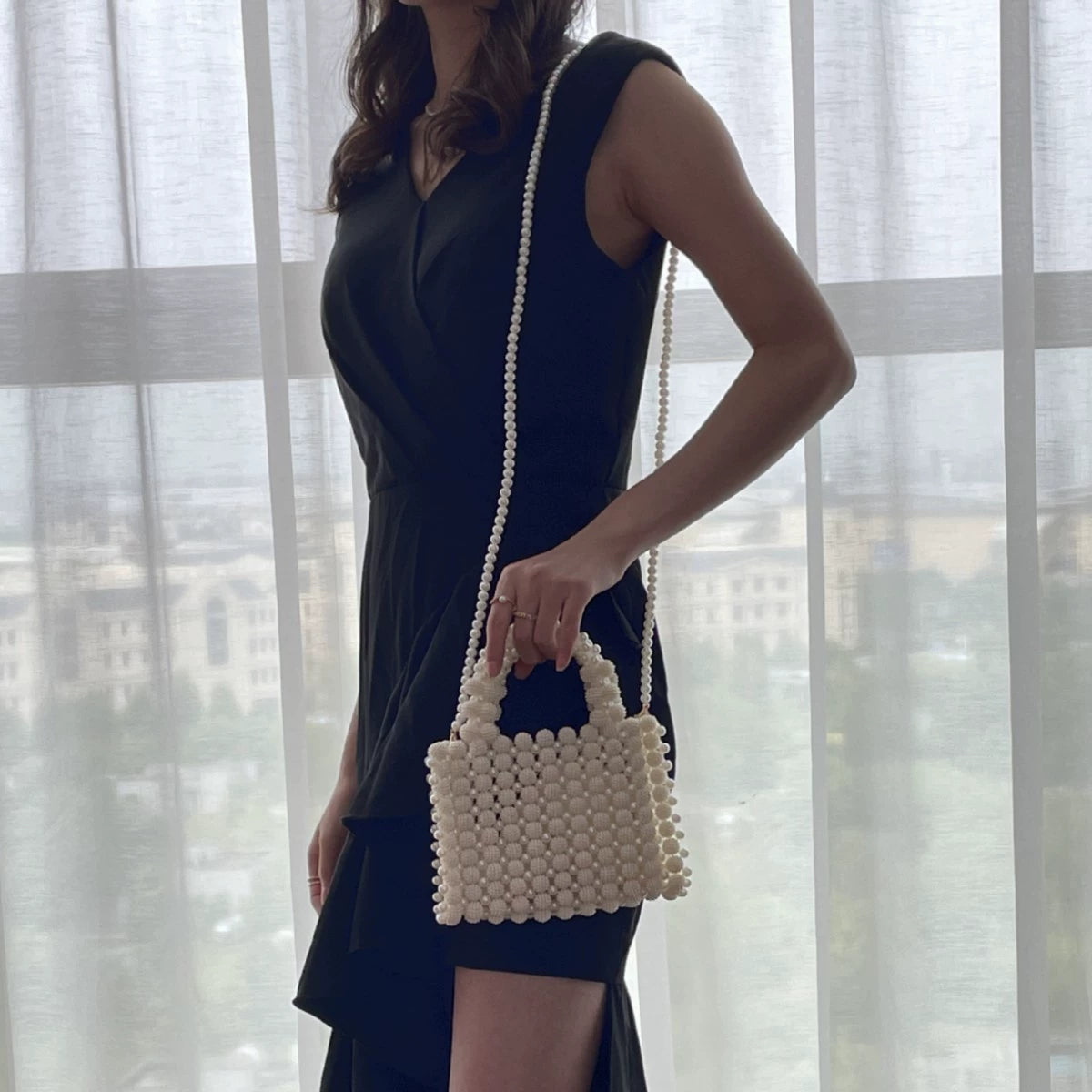 Elegant White Pearl Beaded Top-Handle Mini Handbag