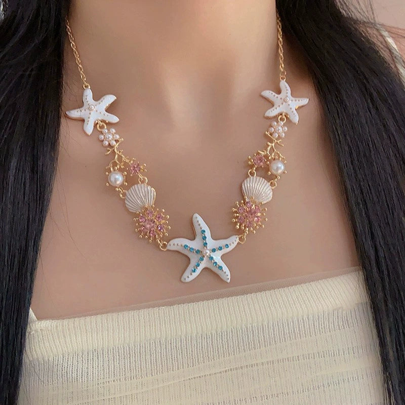 Oceanic Starfish & Seashell Charm Statement Necklace
