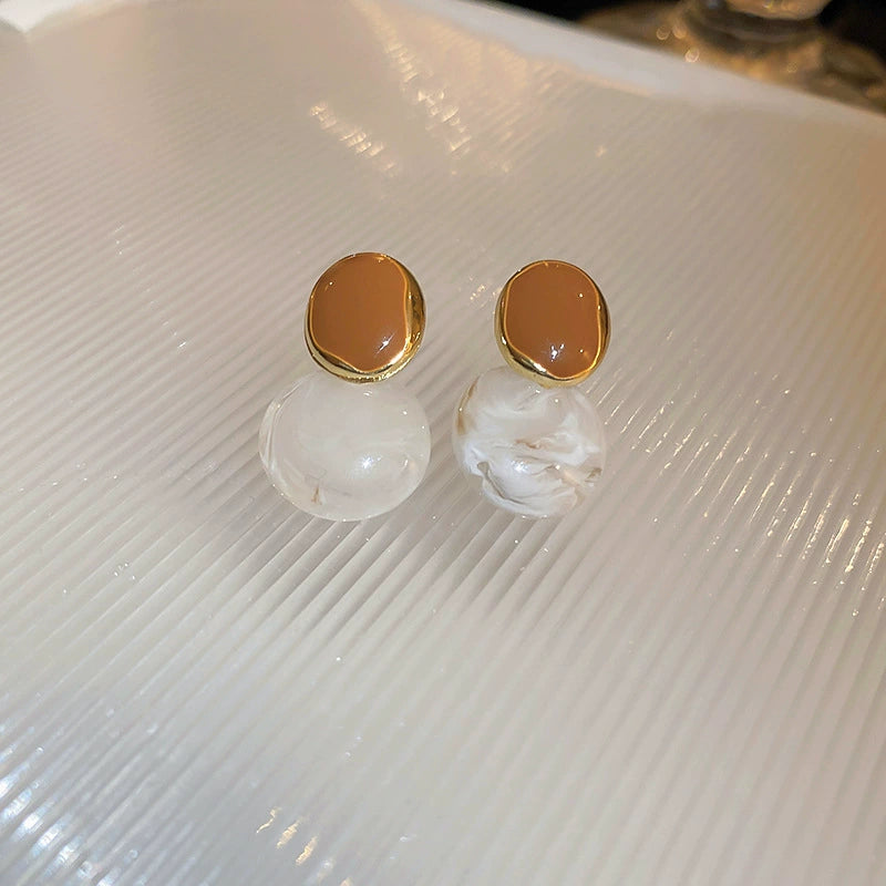 Chic Caramel Enamel & Marbled Sphere Gold Drop Earrings