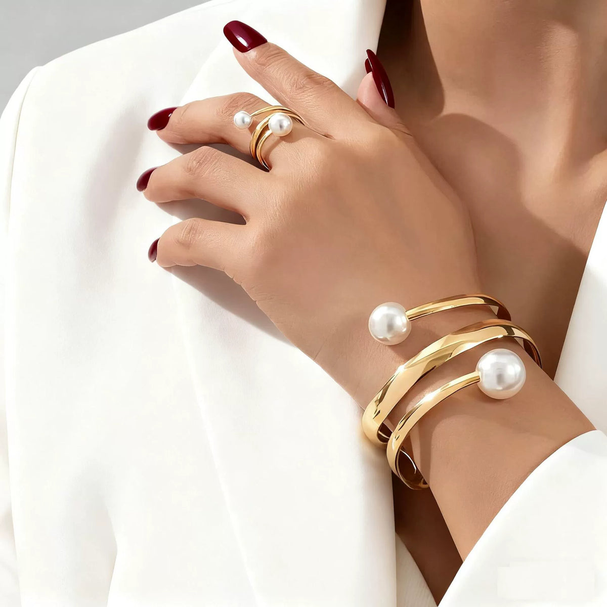 Elegant Gold Tone Pearl Wrap Cuff Bracelet & Ring Set