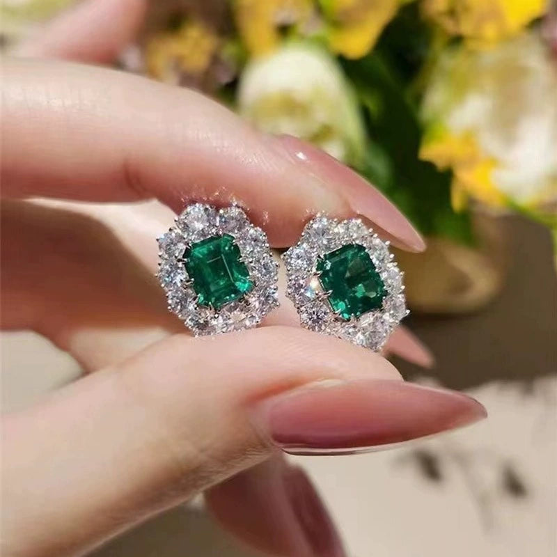 Emerald & Diamond Halo Stud Earrings - Elegant Gemstone Jewelry