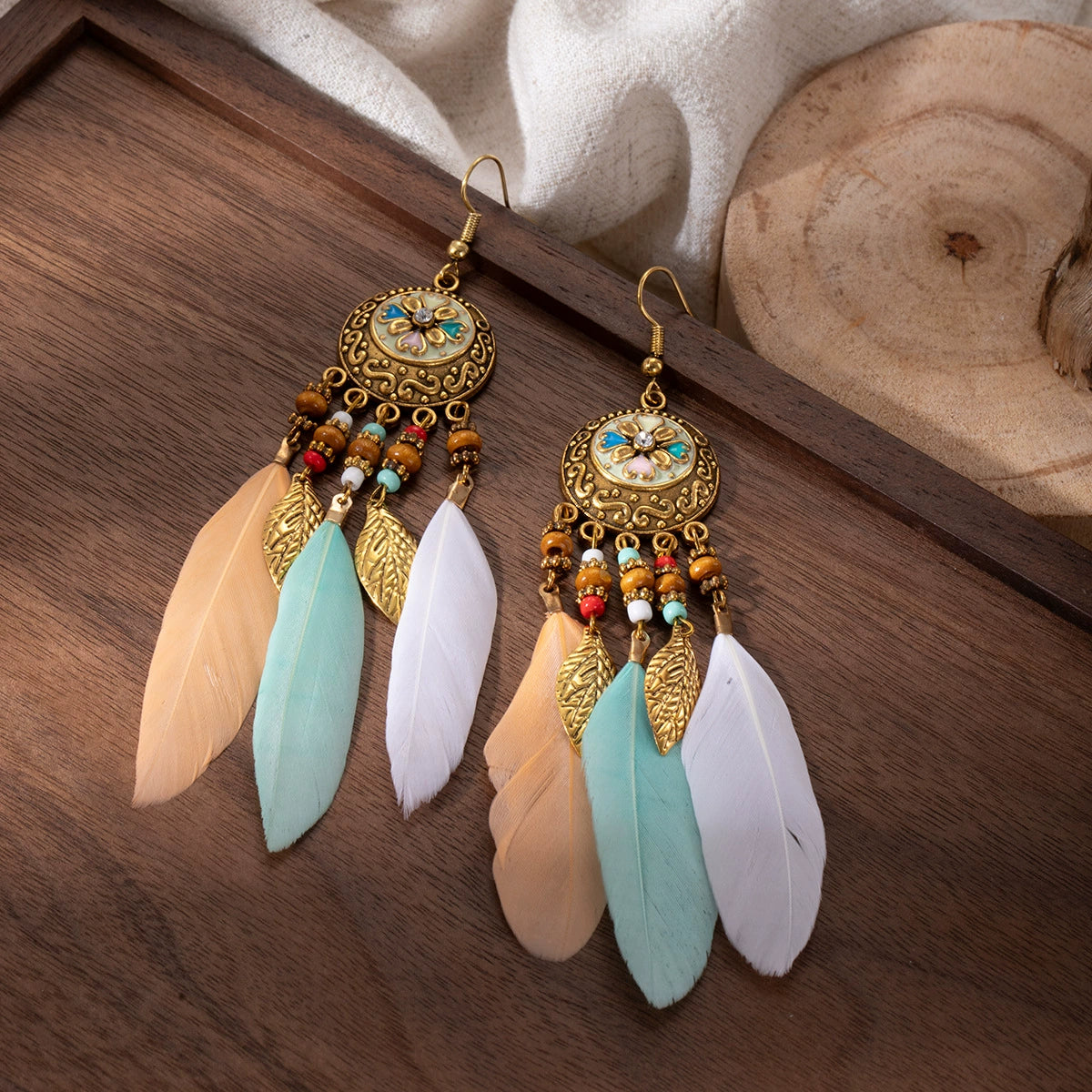 Boho Chic Feather & Beaded Dangle Earrings