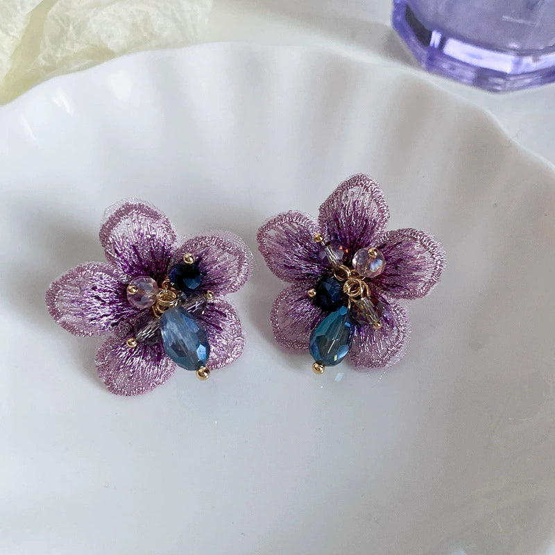 Elegant Lavender Embroidered Flower Earrings with Crystal Drops