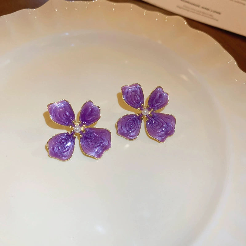 Chic Purple Enamel Flower Stud Earrings with Pearl