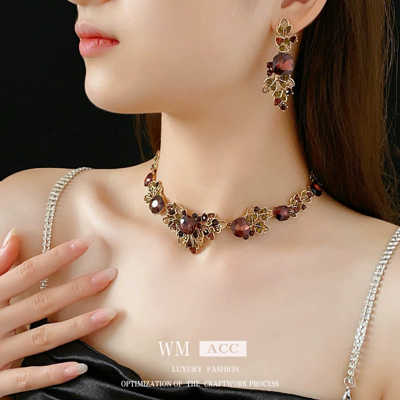 Vintage Bohemian Red Crystal Leaf Necklace & Earring Set