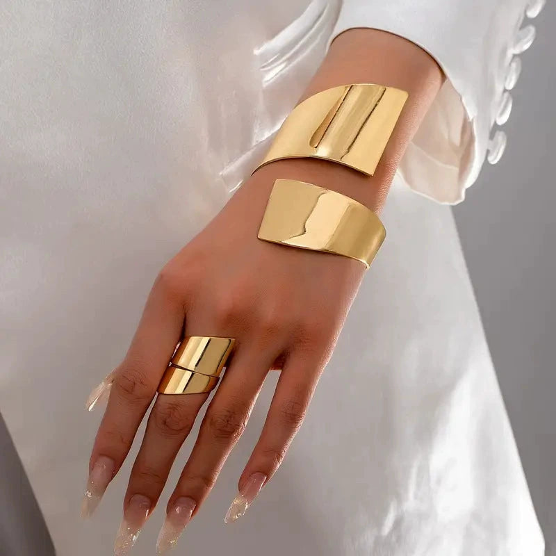 Bold Geometric Gold Tone Arm Cuff & Ring Jewelry Set