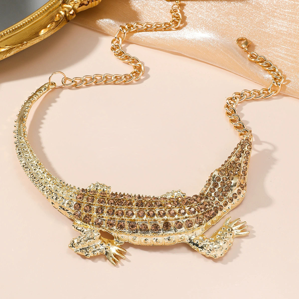 Gold Rhinestone Crocodile Statement Necklace for Women