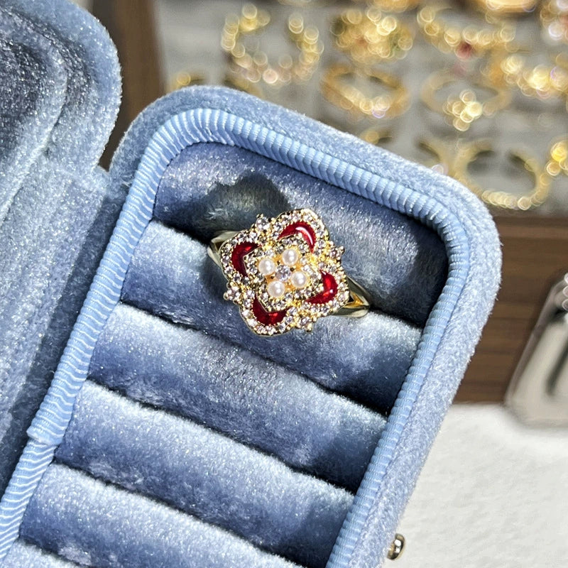 Elegant Red Enamel Clover Ring with Pearl & CZ Accents