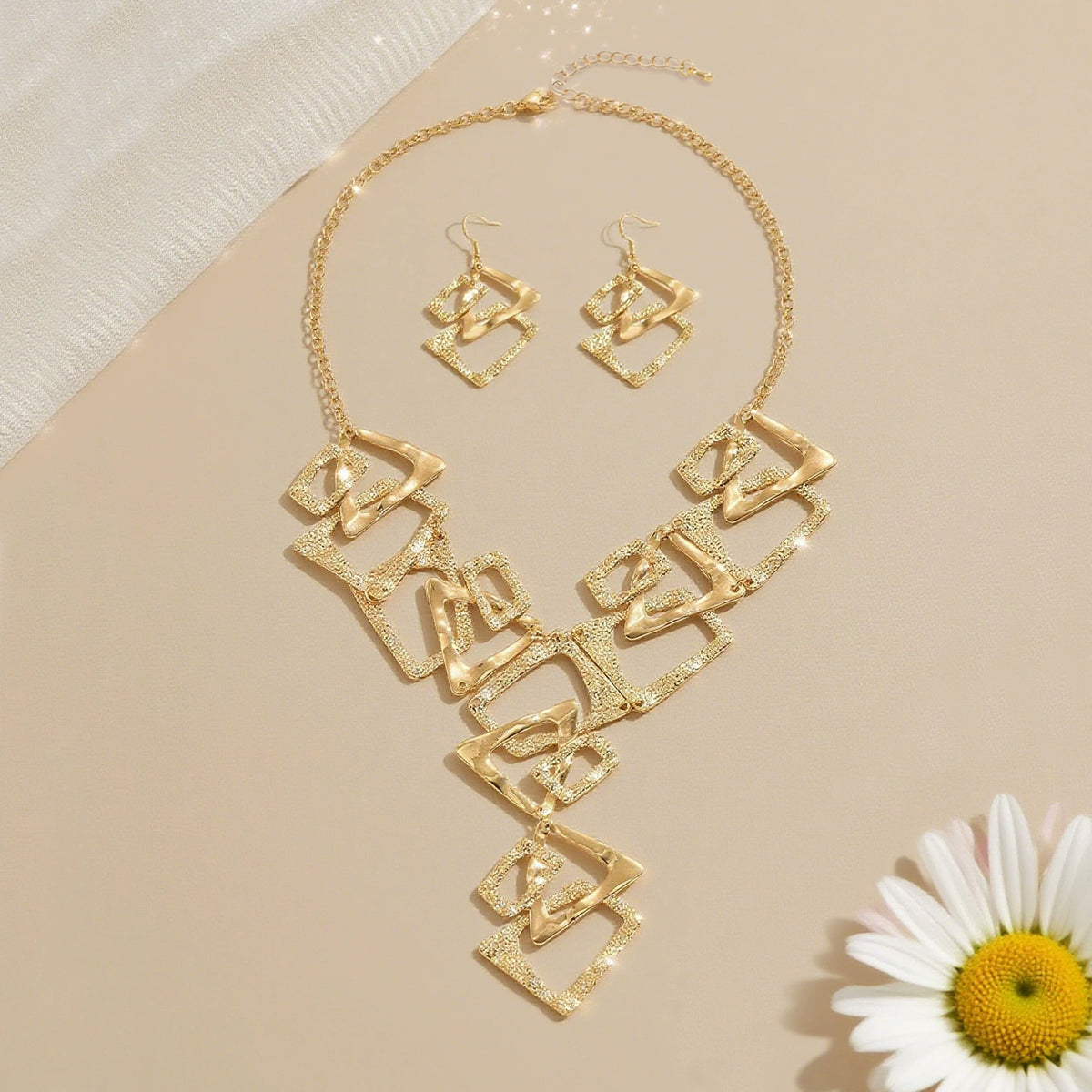 Textured Gold Geometric Abstract Statement Necklace