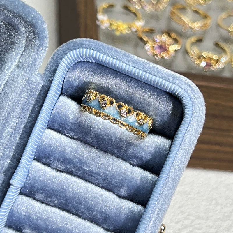 Adjustable Elegant Gold-Tone Aqua Enamel & CZ Filigree Ring