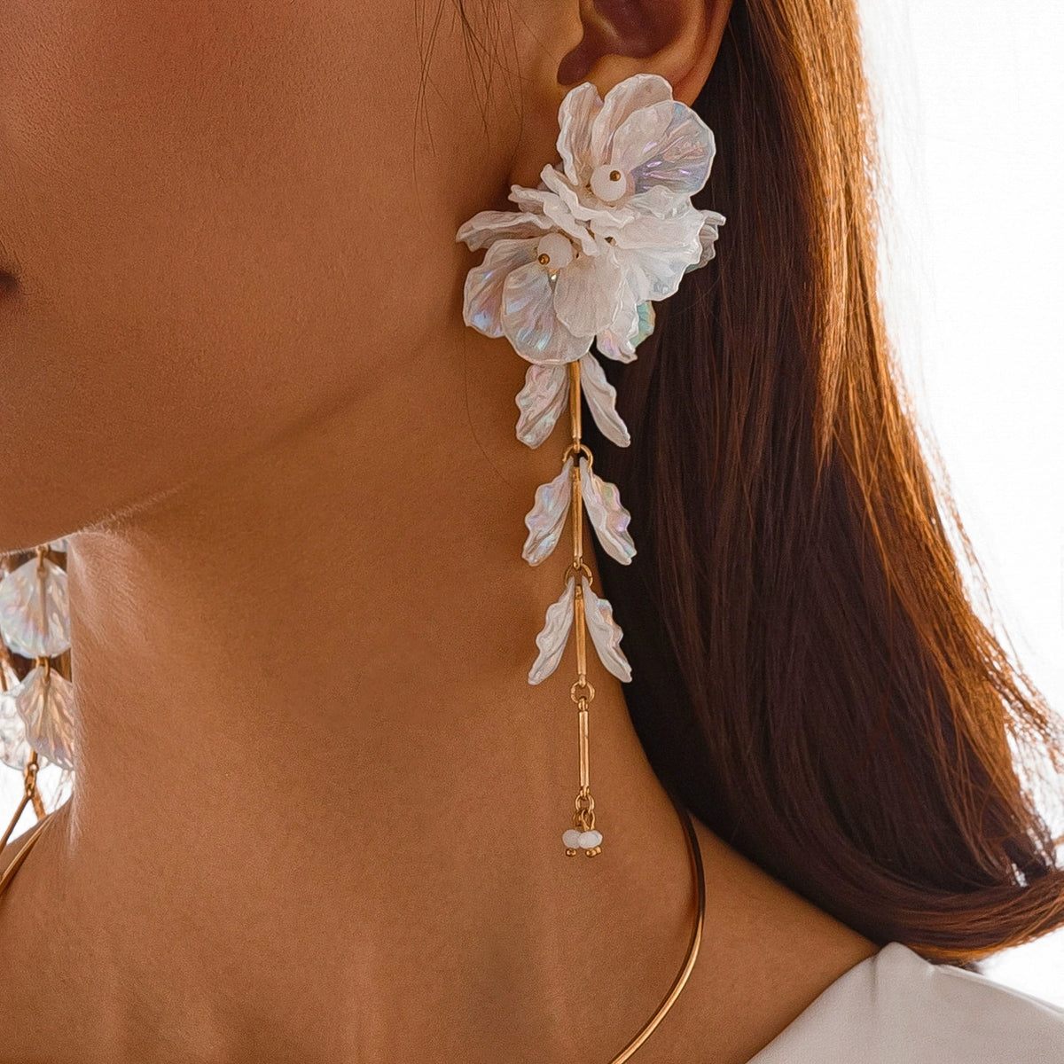 White Floral Petal Statement Choker & Dangle Earrings Set