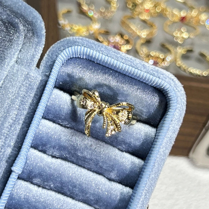 Adjustable Elegant Gold Bow Ring with Pave Zirconia