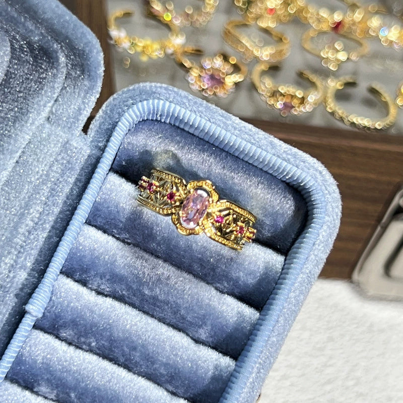 Vintage Gold Tone Ring with Pink Oval & Ruby-Red Accents