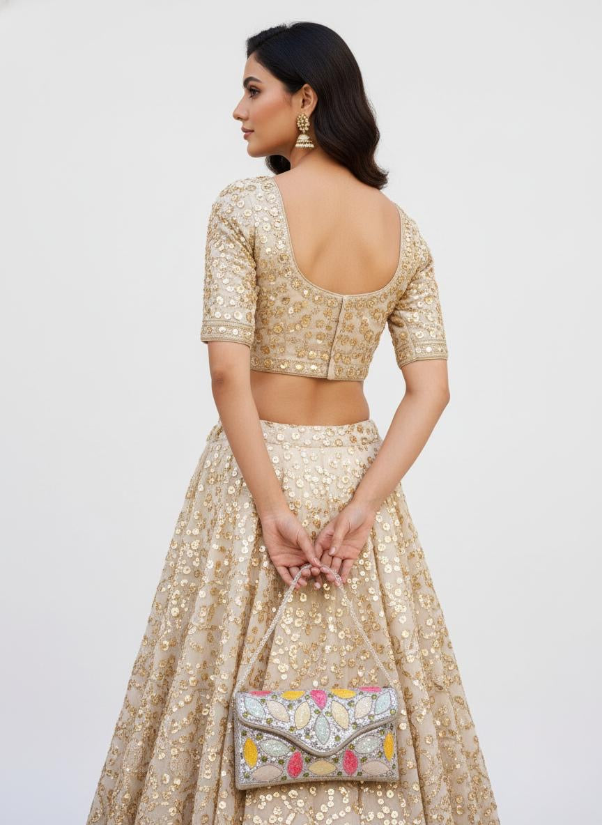 Party wear Multi coloured leaves designed stone embroidered clutch