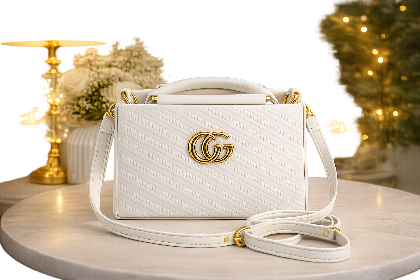 Chic Tan Chevron Quilted Handbag with Gold Interlocking Logo