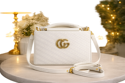 Chic Tan Chevron Quilted Handbag with Gold Interlocking Logo