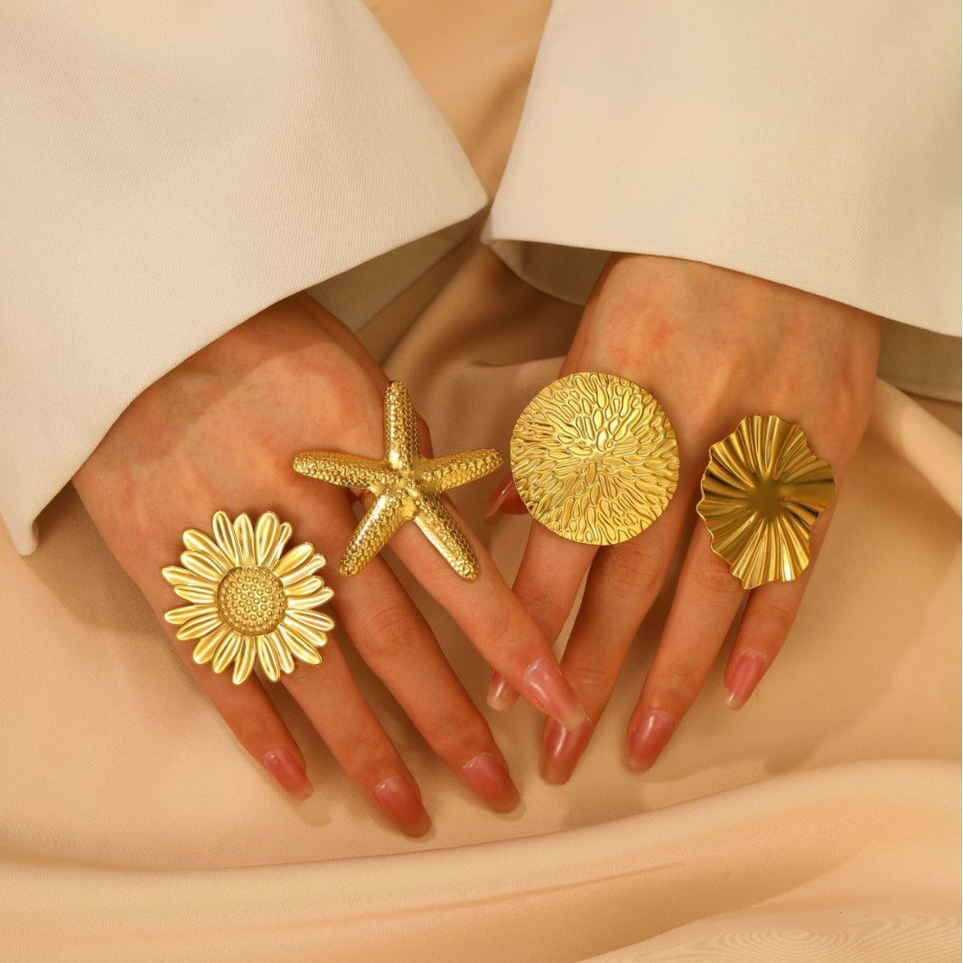 Gold Hammered Flower Statement Ring | Adjustable Textured Petal Ring