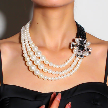 Luxury Statement Pearl Choker Necklace with Black Crystal Accent – Elegant Multi-Layered Design for Women