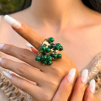 Statement Cluster Ring with Dangling Stone Beads | Wide Hammered Gold Band