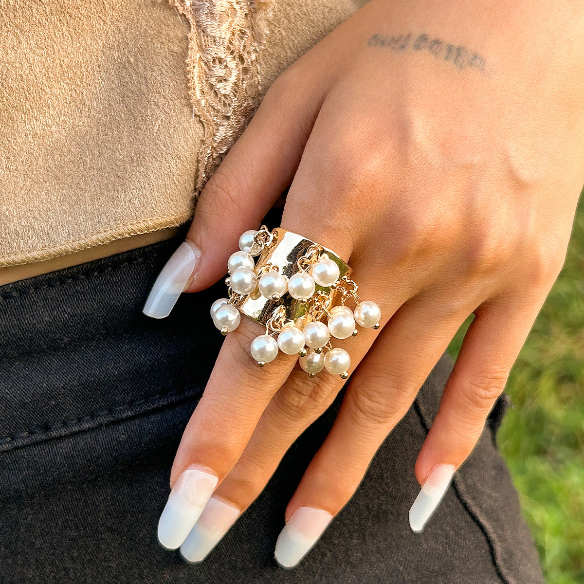 Statement Cluster Ring with Dangling Stone Beads | Wide Hammered Gold Band