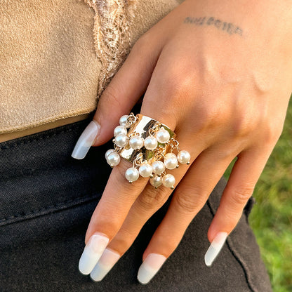 Statement Cluster Ring with Dangling Stone Beads | Wide Hammered Gold Band
