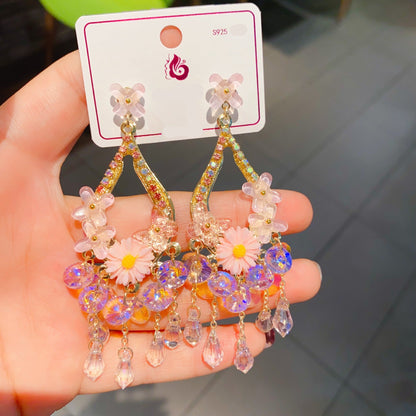 Pink Flower Crystal Drop Earrings – Handmade Dangle Earrings for Girls & Women