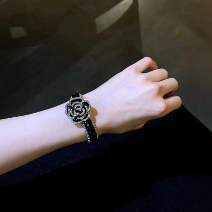 Elegant Black Rose Rhinestone Crystal Bracelet Cuff