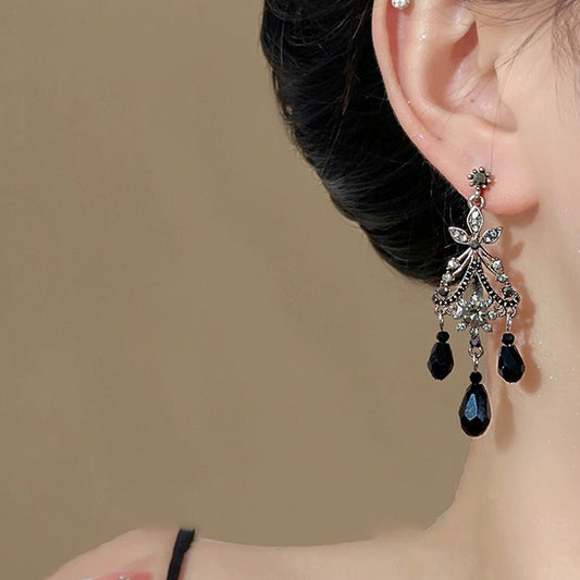 Art Deco Noir Crystal Dangle Earrings | Silver & Black Statement Jewelry