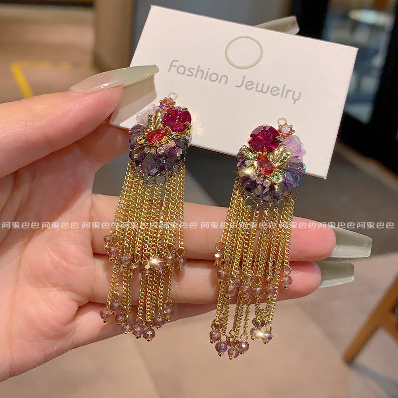 Colorful Floral Bouquet Tassel Earrings | Gold Chain Fringe Earrings