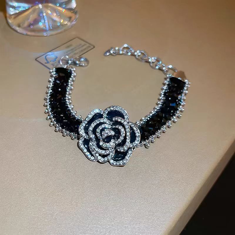 Elegant Black Rose Rhinestone Crystal Bracelet Cuff